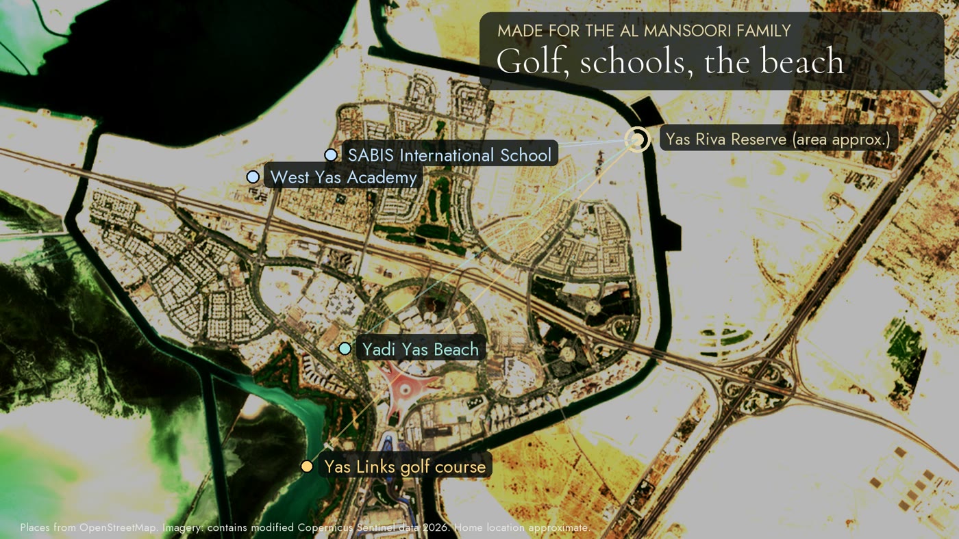 A buyer film: a map with a golf course, schools and a beach pinned near the home